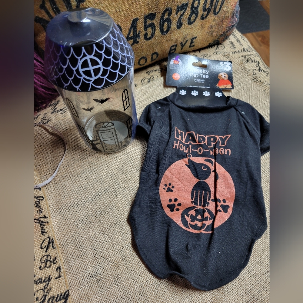Halloween lot of 2 pet shirt and glass haunted house treat jar